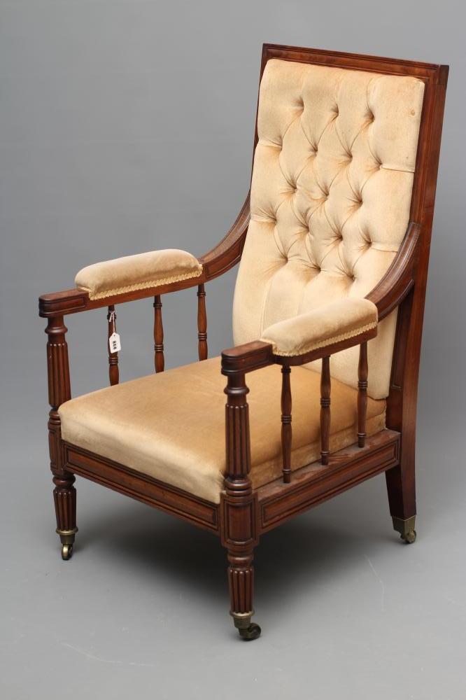 A GENTLEMAN'S GEORGE IV MAHOGANY SHOW FRAME ARMCHAIR button upholstered in beige dralon Image