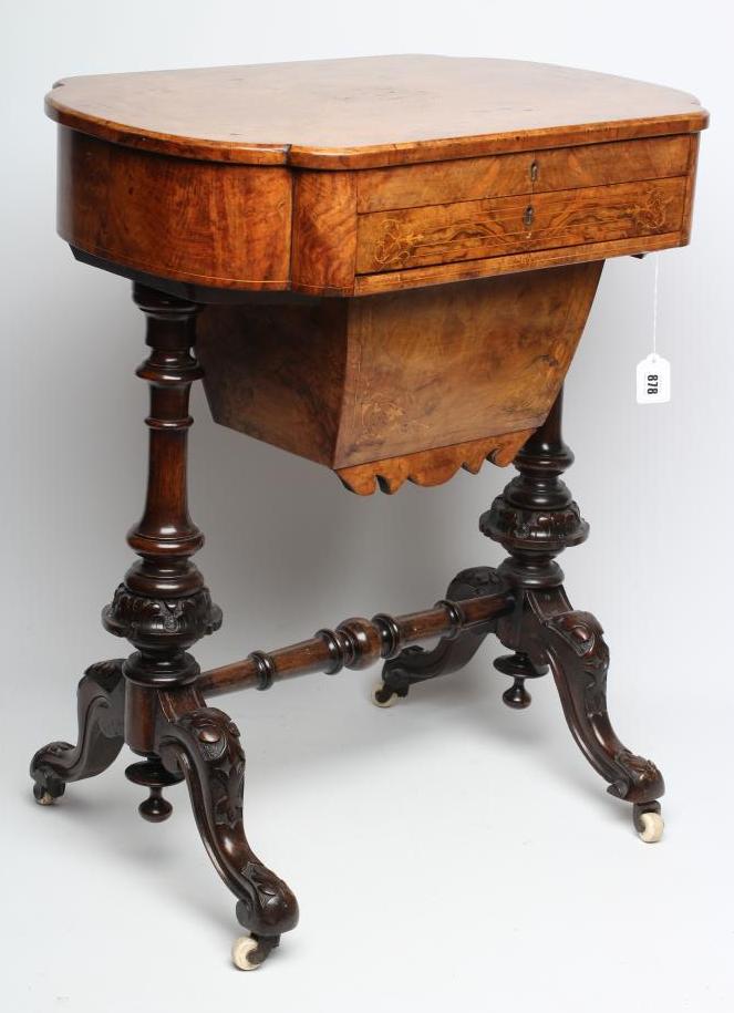 A VICTORIAN BURR WALNUT WORK/WRITING TABLE of oblong form with rounded ends Image