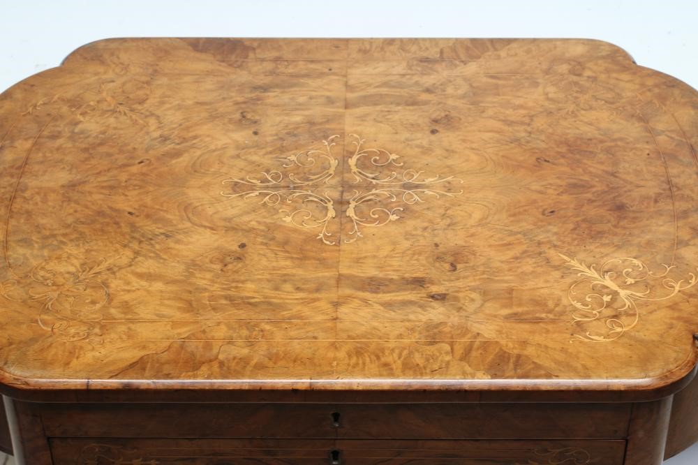 A VICTORIAN BURR WALNUT WORK/WRITING TABLE of oblong form with rounded ends Image