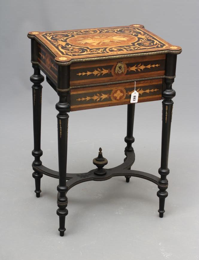 A VICTORIAN EBONISED YEW AND MARQUETRY WORK TABLE of oblong form with protruding corners and gilt Image