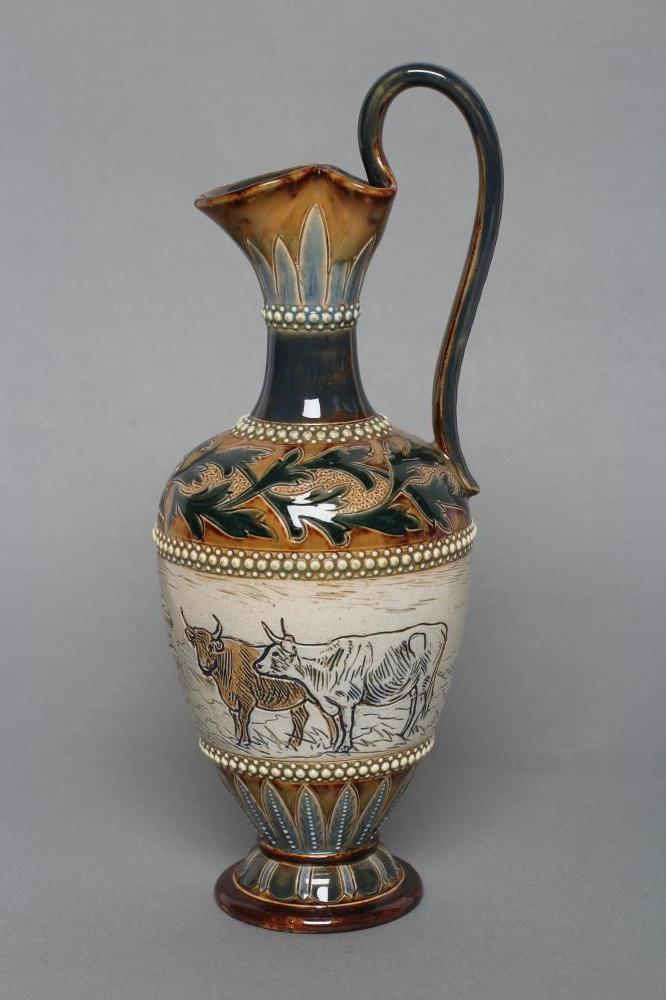 A LATE VICTORIAN DOULTON LAMBETH STONEWARE EWER BY HANNAH BARLOW of ovoid form with high loop handle Image