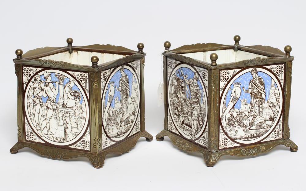 A PAIR OF AESTHETIC MOVEMENT MINTON TILE CACHE-POTS Image