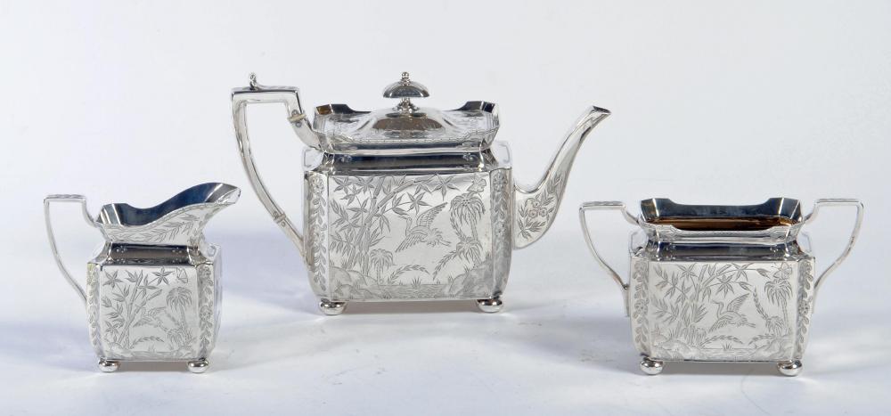 A LATE VICTORIAN AESTHETIC THREE PIECE  SILVER TEA SERVICE Image