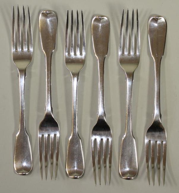 *A SET OF SIX LATE GEORGE III SILVER TABLE FORKS Image
