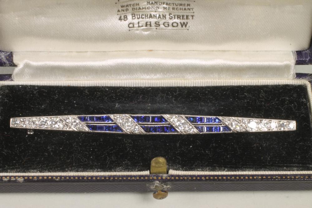 AN ART DECO SAPPHIRE AND DIAMOND BAR BROOCH Image