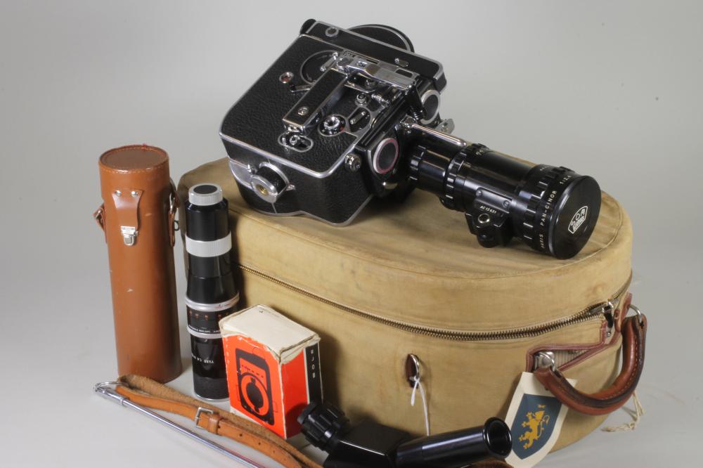 A PAILLARD BOLEX H16 REFLEX CAMERA with 150mm Kern Paillard lens in leather case Image