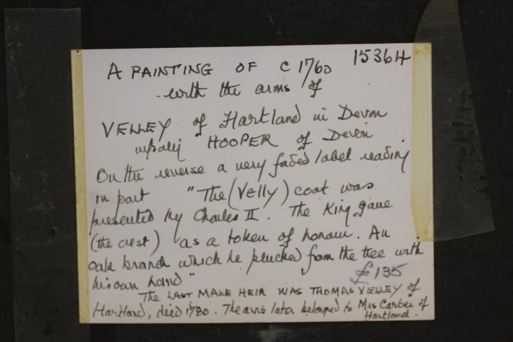 THE ARMS OF VELLEY OF HARTLAND IN DEVON (sic) painted on board Image