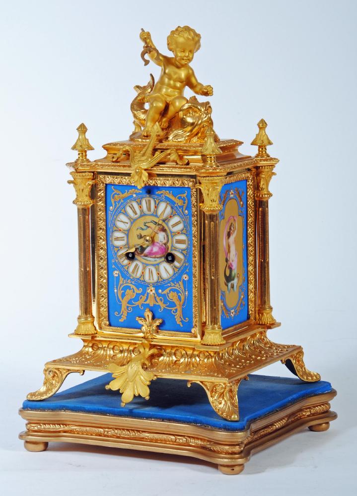 A FRENCH ORMOLU AND BLUE PORCELAIN CASED MANTEL CLOCK by Japy Freres Image