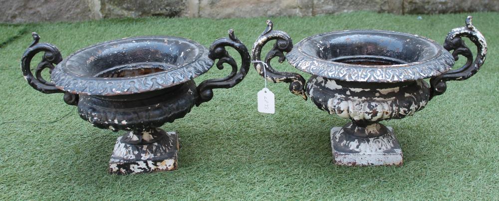 A SMALL PAIR OF VICTORIAN CAST IRON URNS of half fluted campana form with leaf moulded rim Image