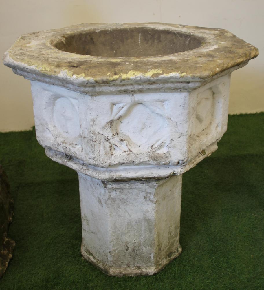 A VICTORIAN SANDSTONE FONT of octagonal form with flared rim Image
