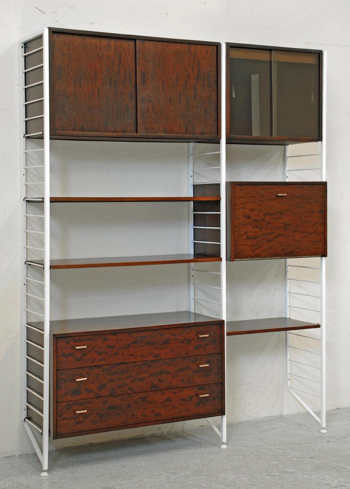 A LADDERAX HARDWOOD ROOM UNIT in two sections on white painted metal supports Image
