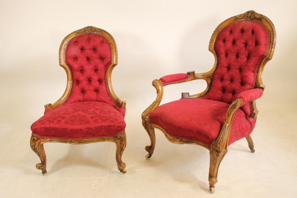 A PAIR OF VICTORIAN CARVED WALNUT SALON CHAIRS FOR A LADY AND GENTLEMAN Image