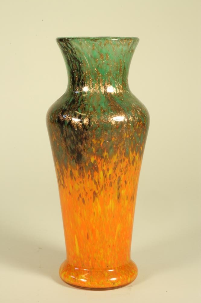 A MONART GLASS VASE of flared cylindrical form with rounded shoulders and flared neck in mottled Image