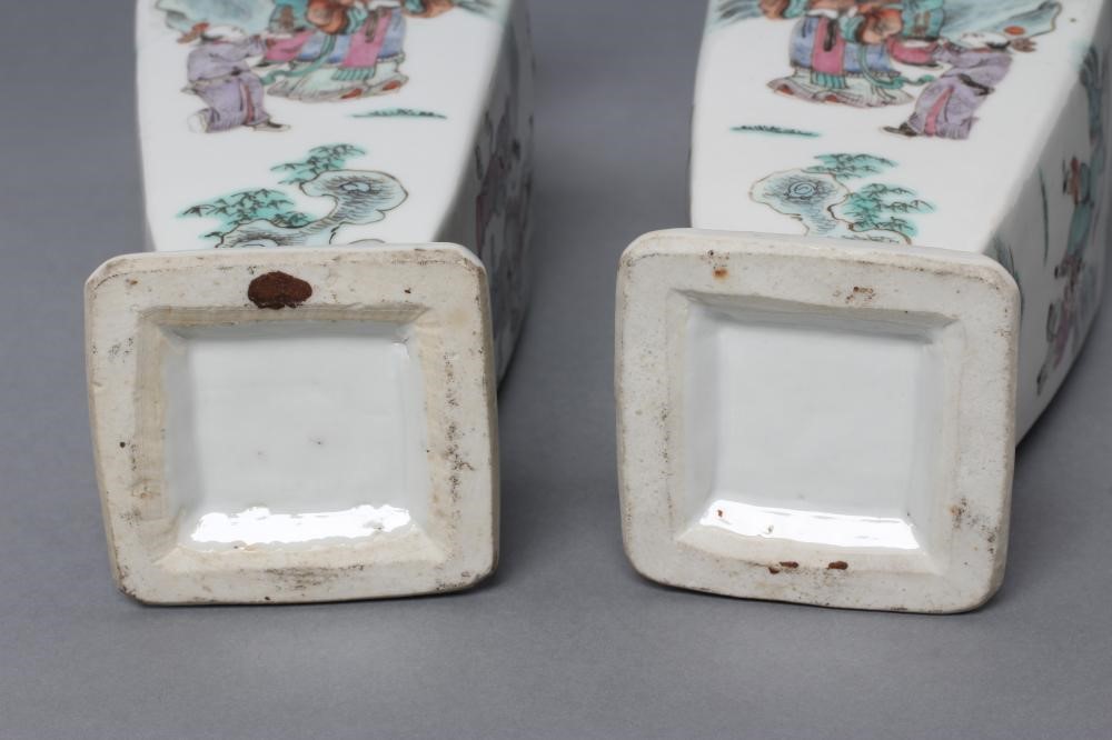 A PAIR OF CHINESE PORCELAIN VASES of baluster square section with shi-shi handles Image