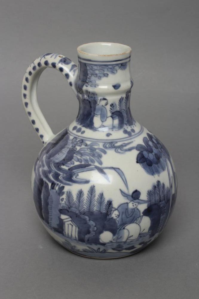A PORCELAIN EWER of globular form with knopped cylindrical neck and plain loop handle Image