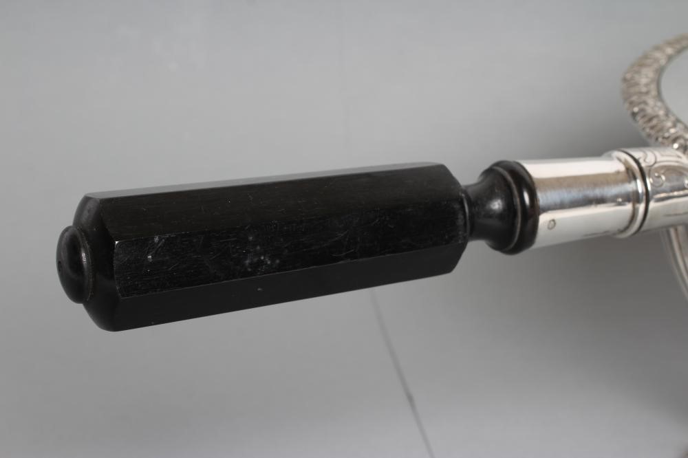 AN EDWARDIAN EPNS CHAFING DISH of circular form with everted acanthus leaf rim and angular ebony Image