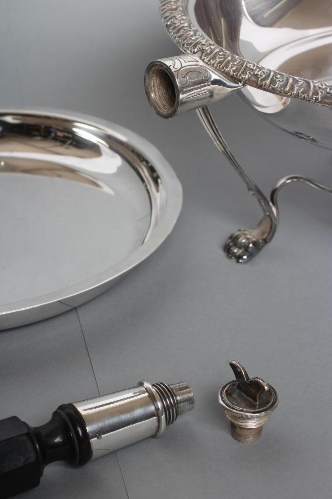 AN EDWARDIAN EPNS CHAFING DISH of circular form with everted acanthus leaf rim and angular ebony Image