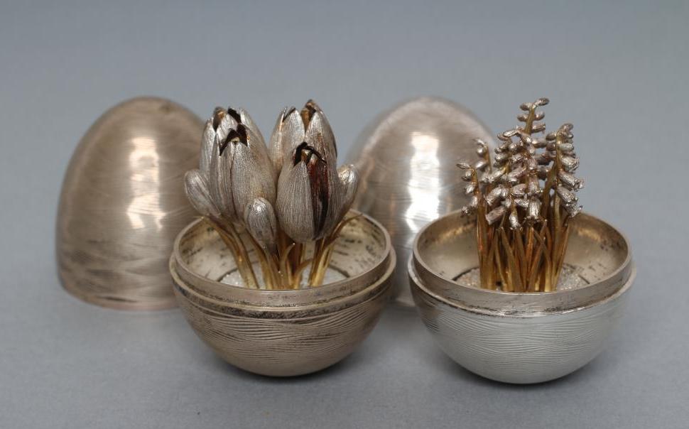 A PAIR OF SILVER "SPRING FLOWER" SURPRISE EGGS Image