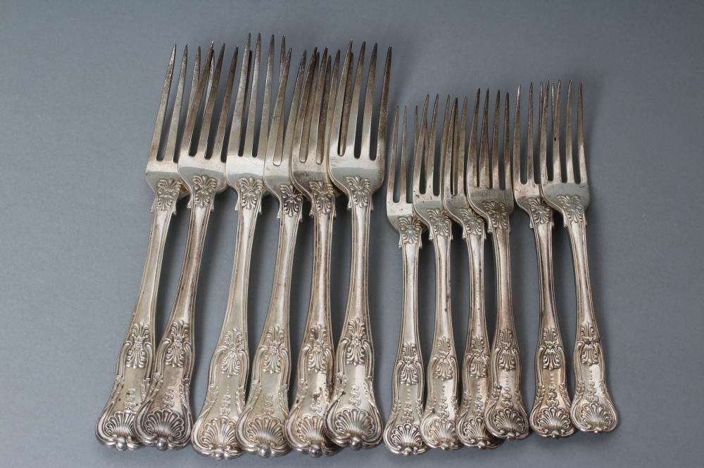 A COMPOSITE SET OF SIX VICTORIAN SILVER TABLE AND DESSERT FORKS Image
