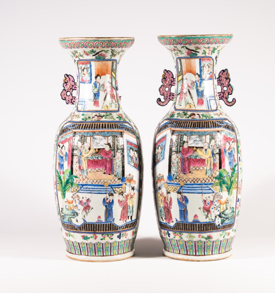 A LARGE PAIR OF CHINESE PORCELAIN ALCOVE VASES of baluster form with pierced lug handles Image