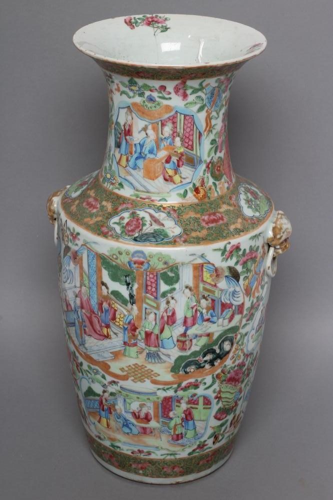 A CANTONESE PORCELAIN VASE of flared cylindrical form with sloping shoulders and two fixed lion mask Image