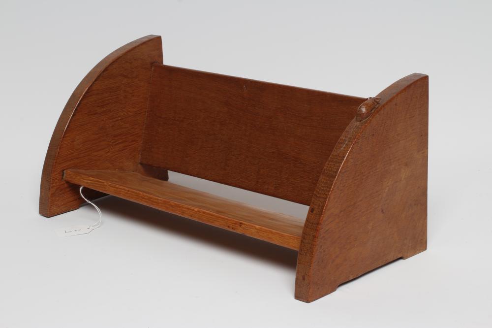 A ROBERT THOMPSON ADZED OAK BOOK TROUGH the quadrant ends with carved mouse trademark in high relief Image