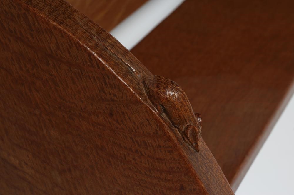 A ROBERT THOMPSON ADZED OAK BOOK TROUGH the quadrant ends with carved mouse trademark in high relief Image