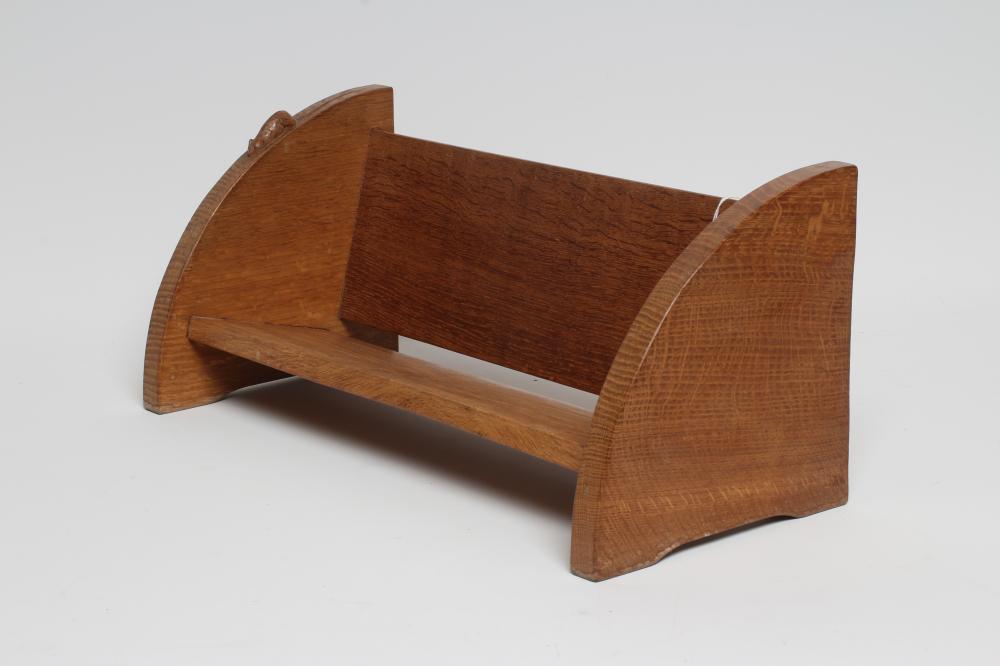 A ROBERT THOMPSON ADZED OAK BOOK TROUGH the quadrant ends with carved mouse trademark in relief Image