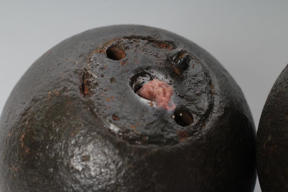 TWO CIVIL WAR PERIOD CANNON BALLS both with fuse hole and roughly 2 / 3/4" diameter (Est. plus 21% Image
