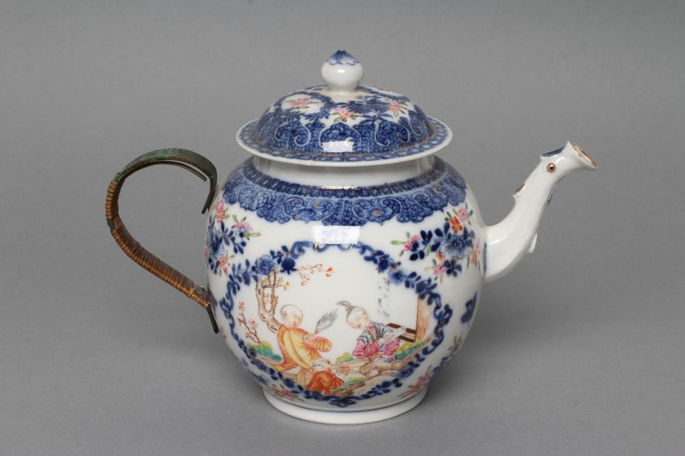 A CHINESE EXPORT PORCELAIN TEAPOT AND COVER of globular form with crabstock spout and later cane Image