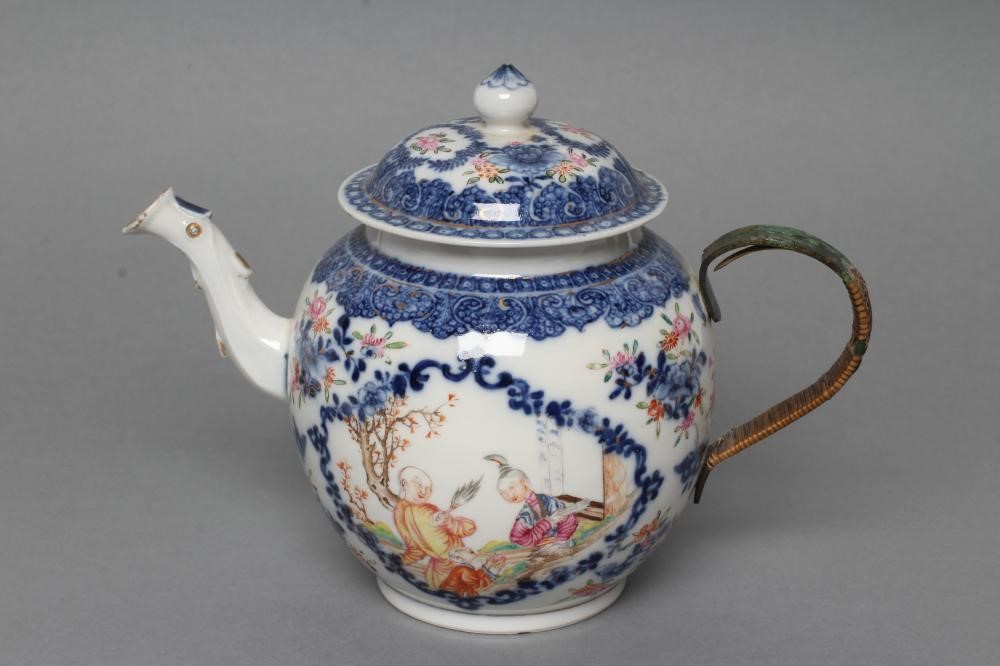 A CHINESE EXPORT PORCELAIN TEAPOT AND COVER of globular form with crabstock spout and later cane Image