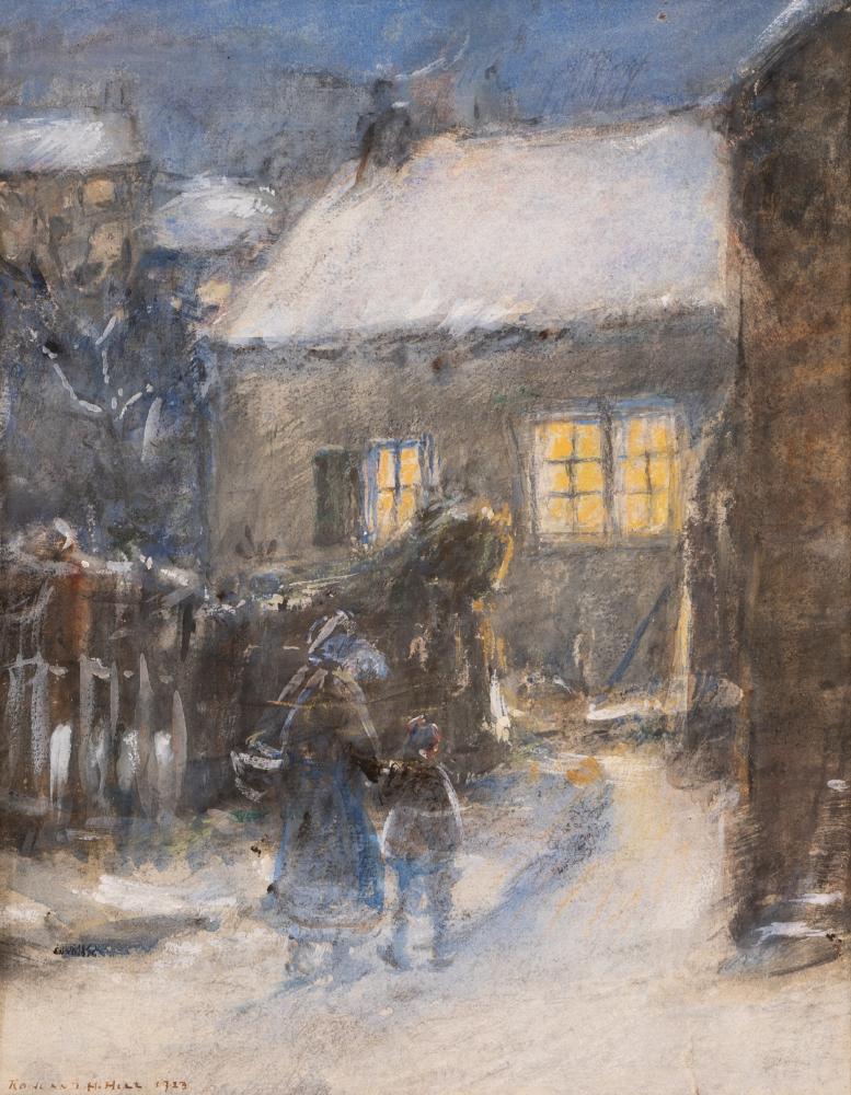 ROWLAND HENRY HILL (1873-1952) Evening Snowscene with Figures approaching a Cottage Image