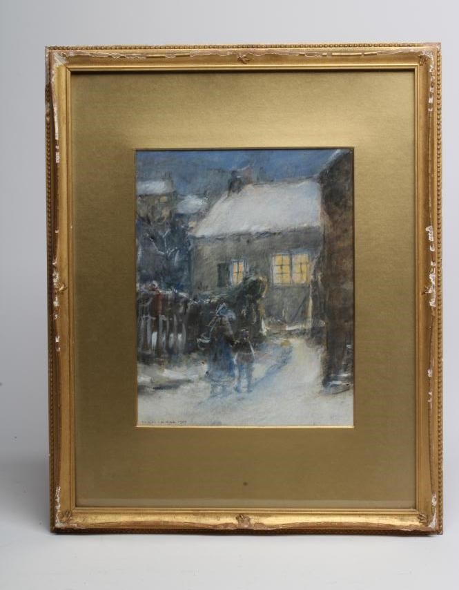 ROWLAND HENRY HILL (1873-1952) Evening Snowscene with Figures approaching a Cottage Image