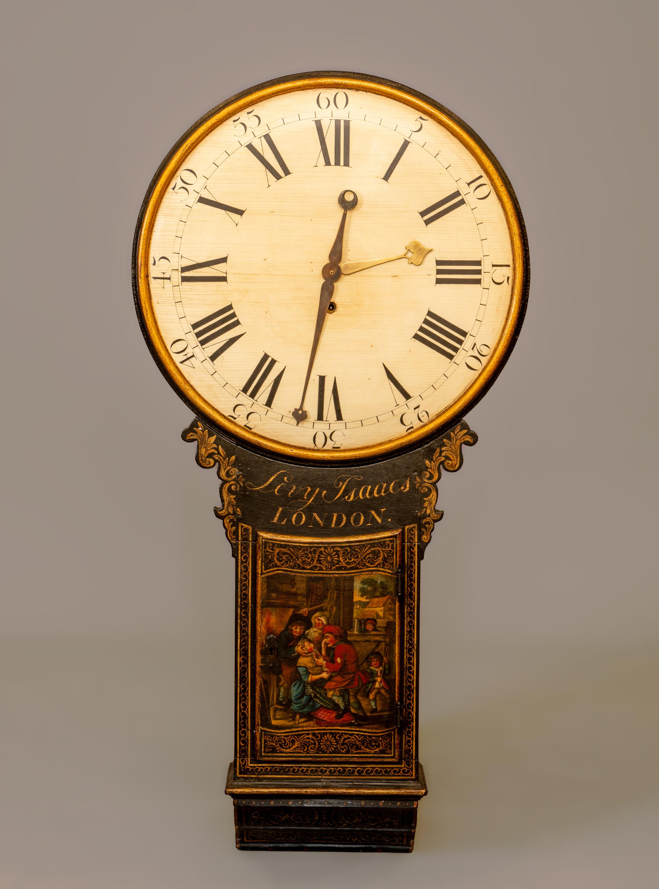 A BLACK LACQUERED TAVERN CLOCK Image