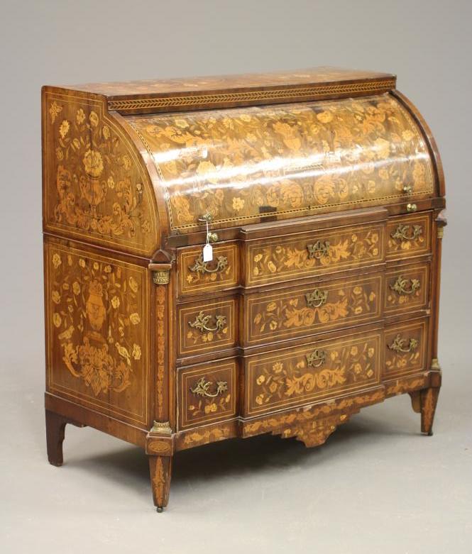 A DUTCH MAHOGANY AND FLORAL MARQUETRY CYLINDER BUREAU Image