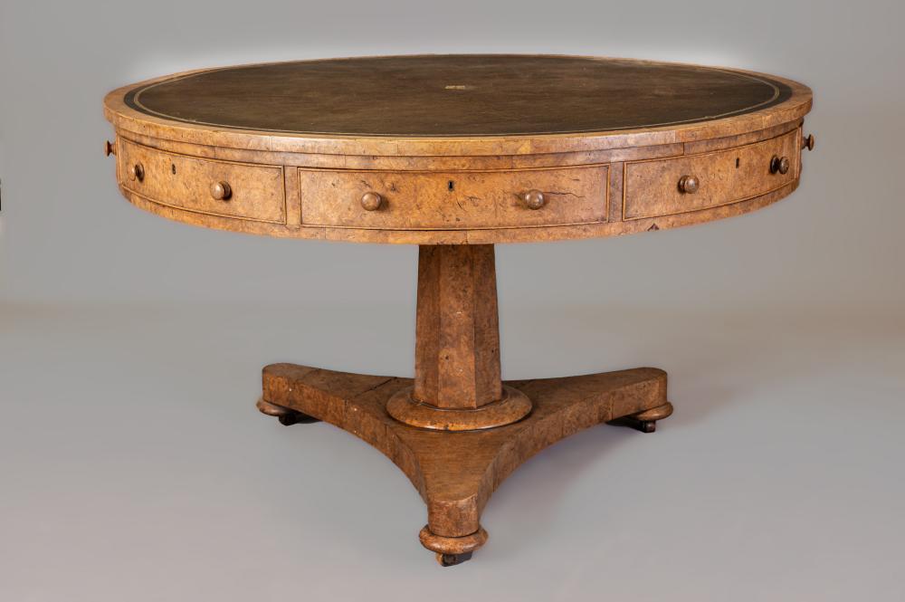 A VICTORIAN BURR WALNUT DRUM LIBRARY TABLE Image