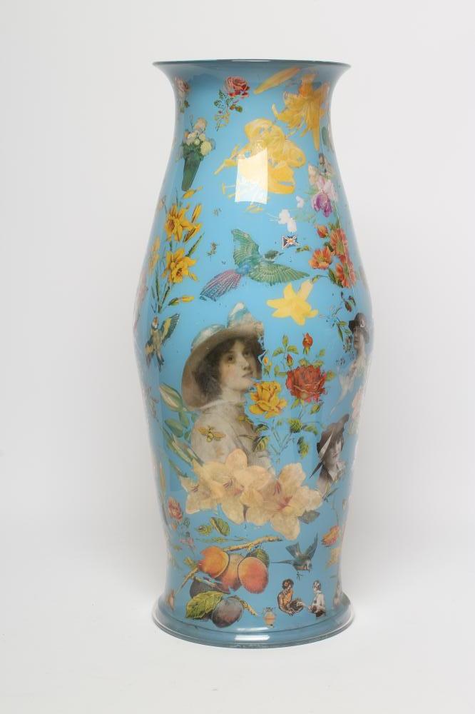 A LARGE DECALCOMANIA GLASS LAMP BASE of bombe cylindrical form Image