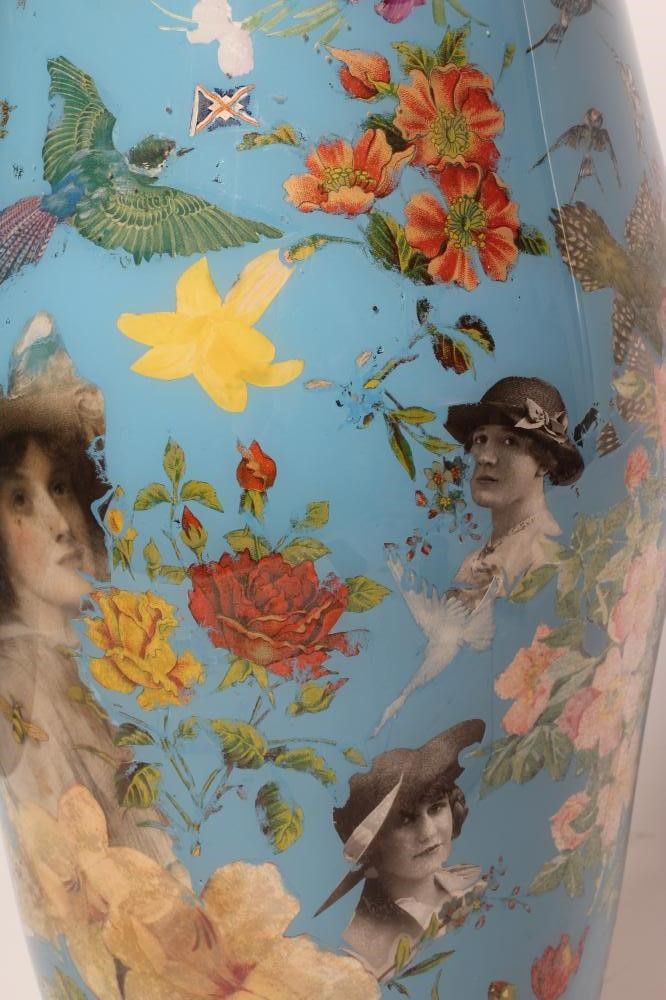 A LARGE DECALCOMANIA GLASS LAMP BASE of bombe cylindrical form Image