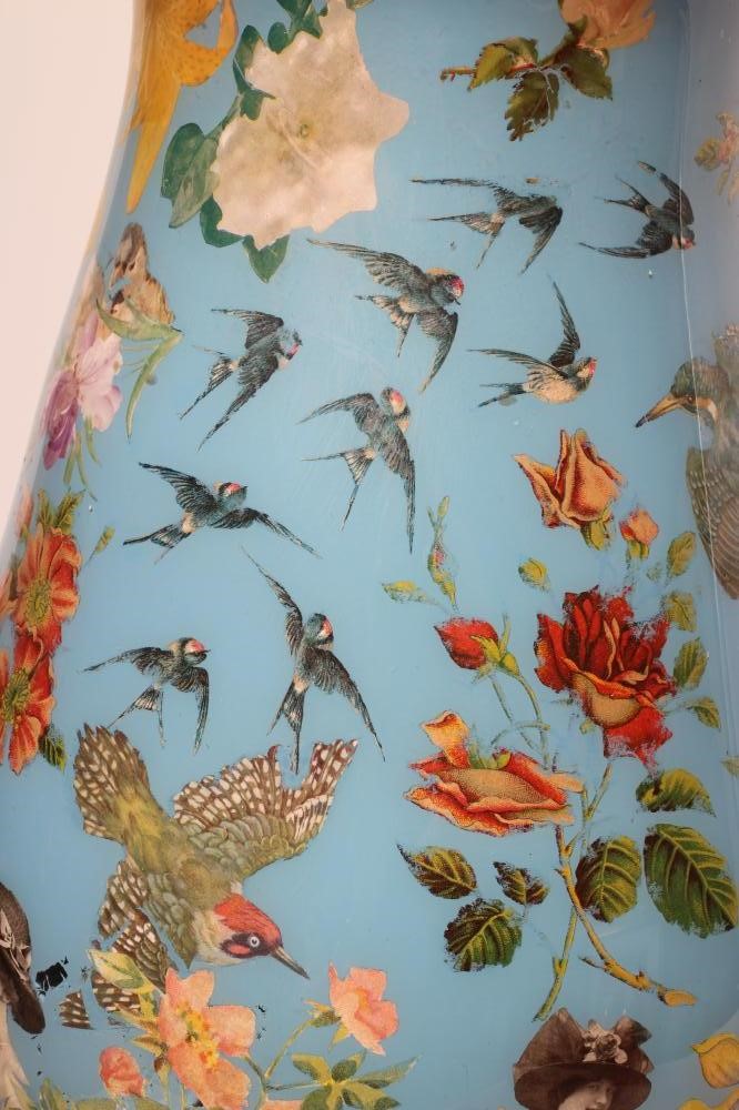 A LARGE DECALCOMANIA GLASS LAMP BASE of bombe cylindrical form Image