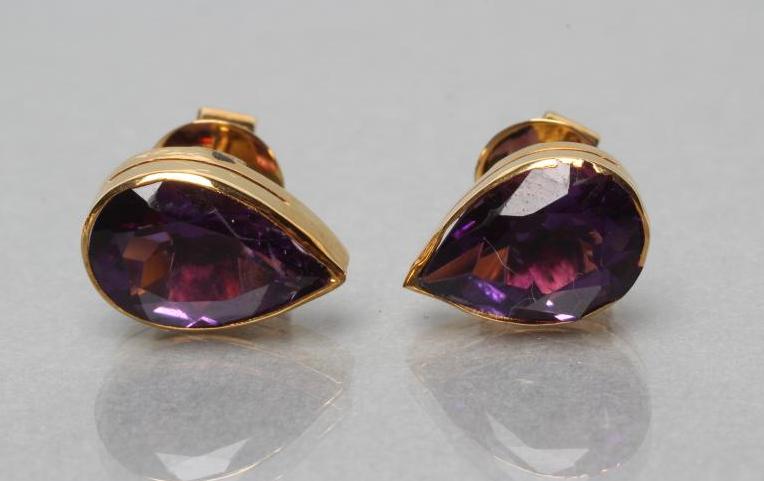 A PAIR OF AMETHYST EAR STUDS Image