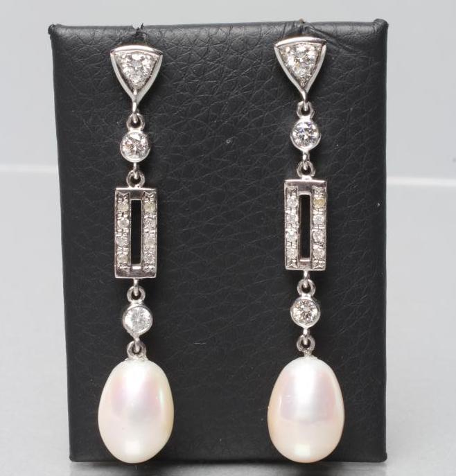 A PAIR OF PEARL AND DIAMOND DROP EAR STUDS Image