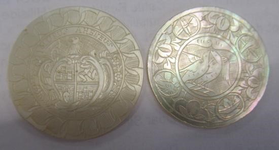 A COLLECTION OF CHINESE MOTHER OF PEARL GAMING COUNTERS including six oblong with a coat of arms and Image