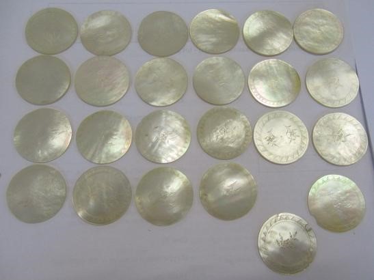 A COLLECTION OF CHINESE MOTHER OF PEARL GAMING COUNTERS including six oblong with a coat of arms and Image