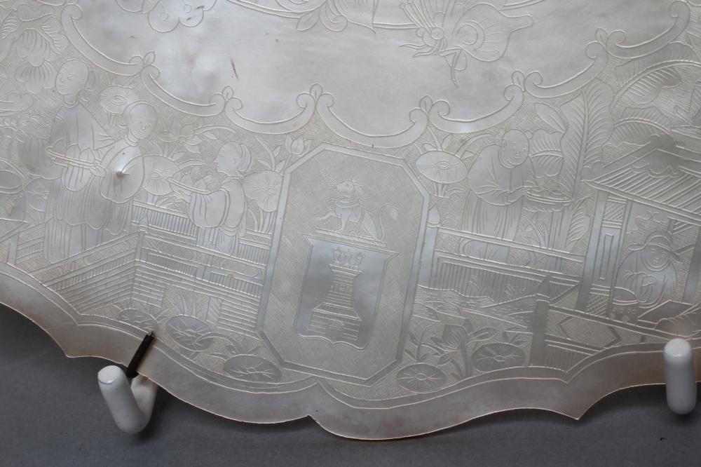 A CHINESE MOTHER OF PEARL DISH with fret carved lobed rim Image