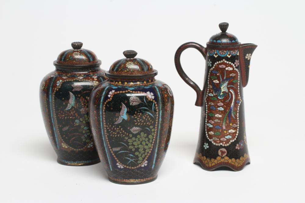 A PAIR OF CHINESE CLOISONNE ENAMEL VASES AND COVERS of lobed oval form Image