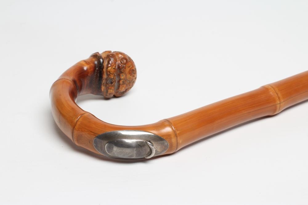 AN EDWARDIAN HORSE MEASURING STICK concealed in a walking stick with bamboo shaft and shepherd's Image