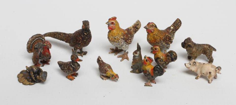TWELVE VIENNA TYPE COLD PAINTED BRONZE MINIATURE BIRDS AND ANIMALS including a pheasant Image