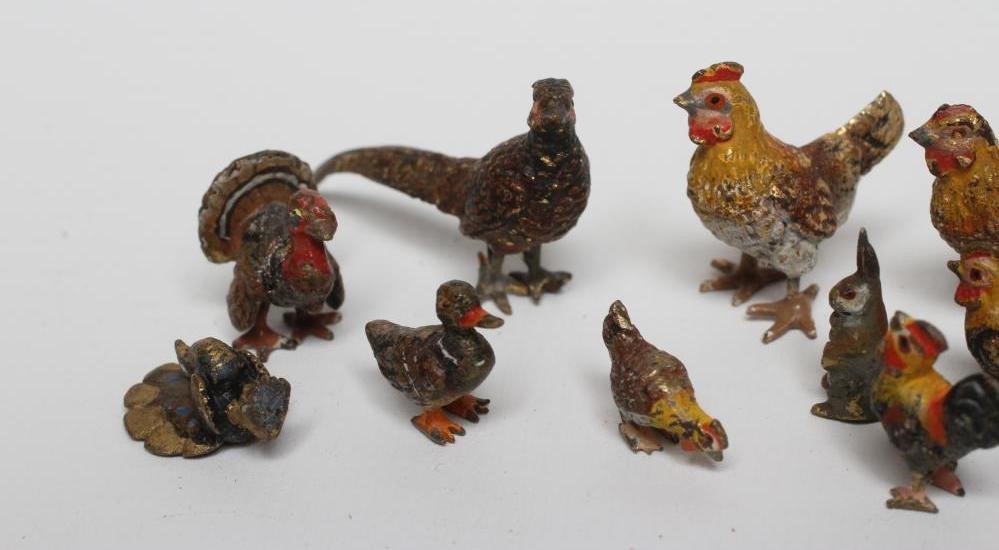 TWELVE VIENNA TYPE COLD PAINTED BRONZE MINIATURE BIRDS AND ANIMALS including a pheasant Image