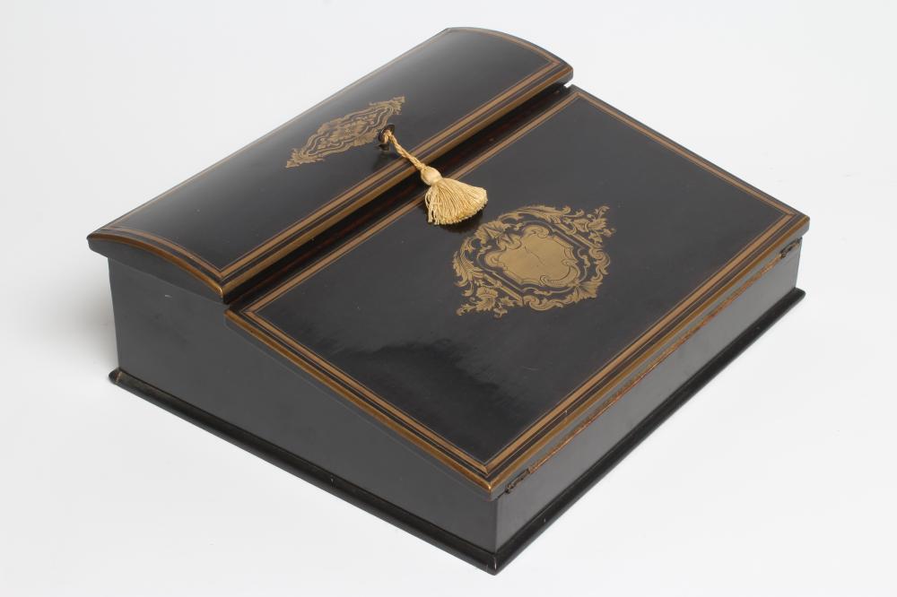 AN EBONY AND BRASS INLAID WRITING BOX Image