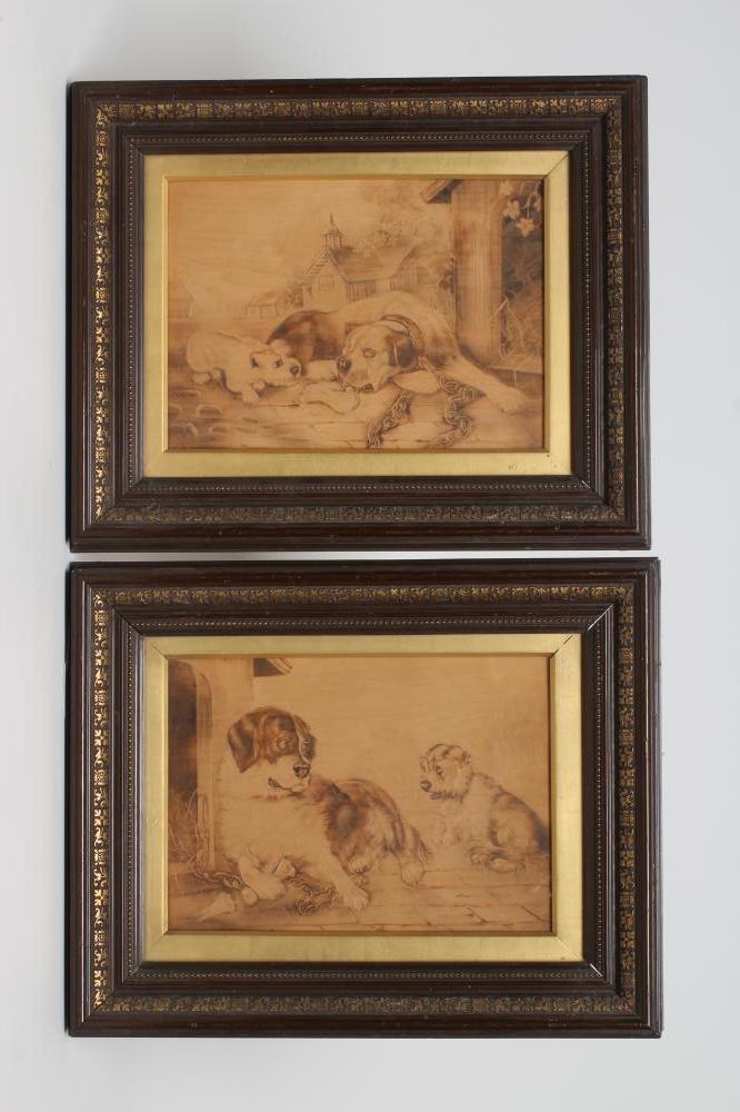 A PAIR OF VICTORIAN PENWORK PICTURES featuring dogs Image